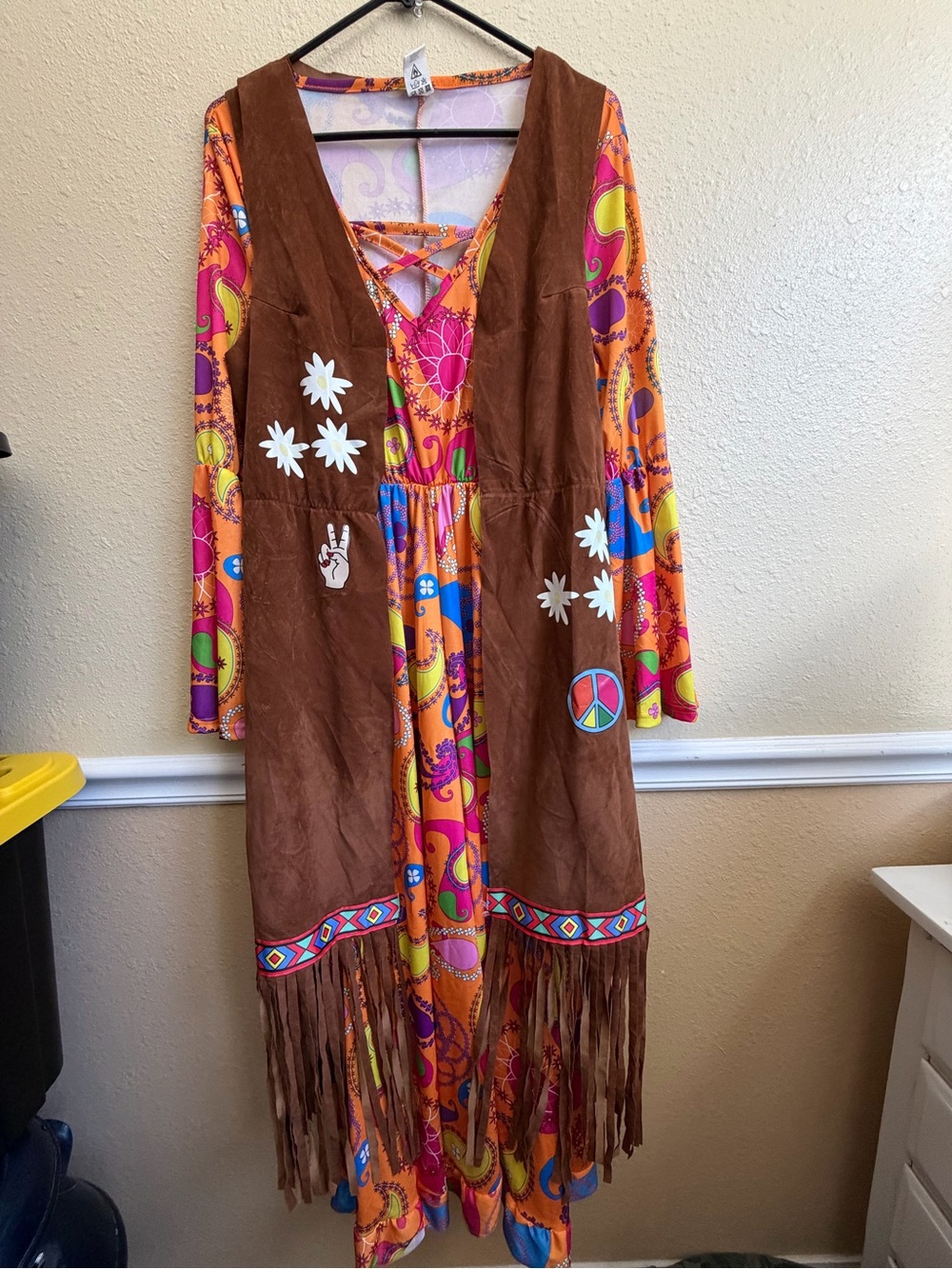 Morphe Brown Fringe Vest over Orange Multi-Color Paisley Maxi
